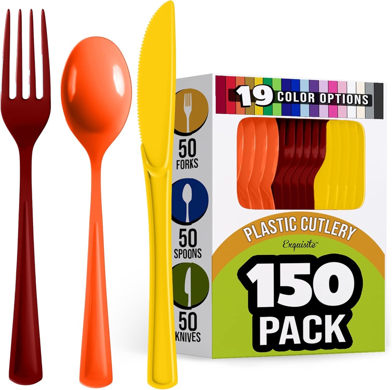 Exquisite Polished Plastic Silverware – 150 Pcs Heavy Duty Cutlery Set – 50 Each of Forks, Knives & Spoons – Disposable Utensil Set for Parties, Events & Catering – Flatware Set by Party Solids